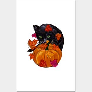 Pumpkin,maple leaf, black cat and falling autumn leaves Posters and Art